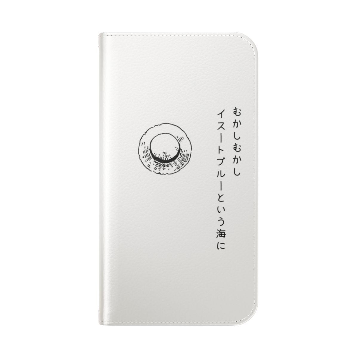 Flip cover phone case with One Piece anime graphics and Japanese text - Folded Back