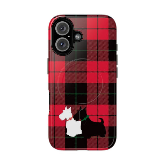 Classic red and black Scottish tartan pattern phone case with cute scottie dog design