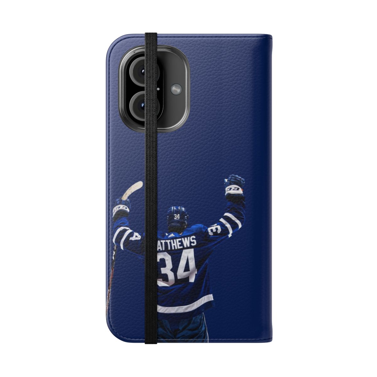 Auston Matthews-inspired hockey phone case with blue and white colors representing the Toronto Maple Leafs. - Folded Front