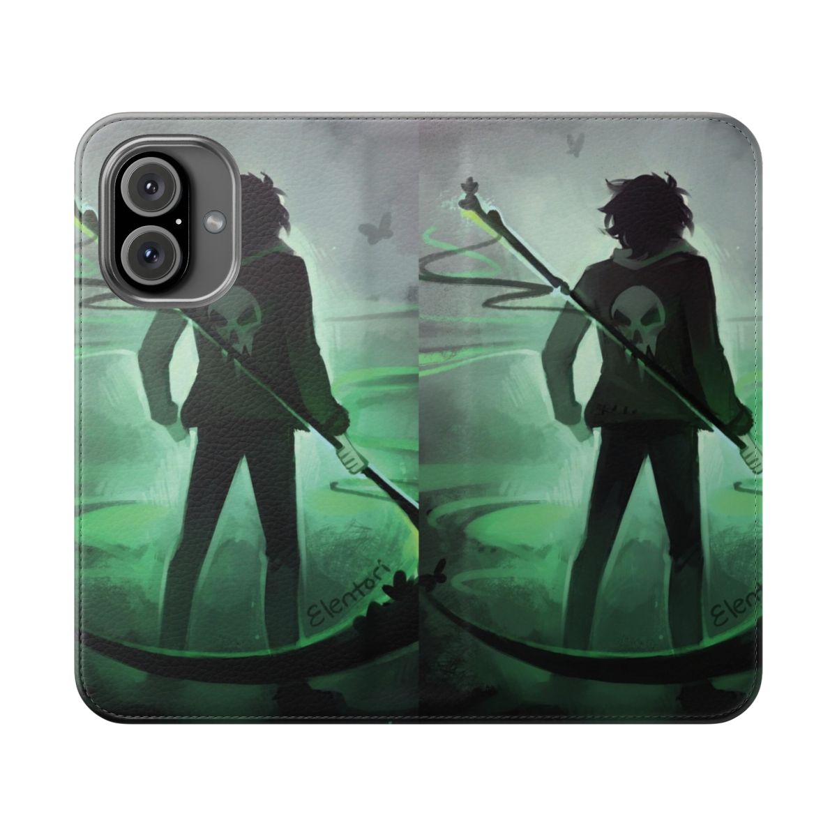 "Dark-themed phone case featuring fantasy characters"