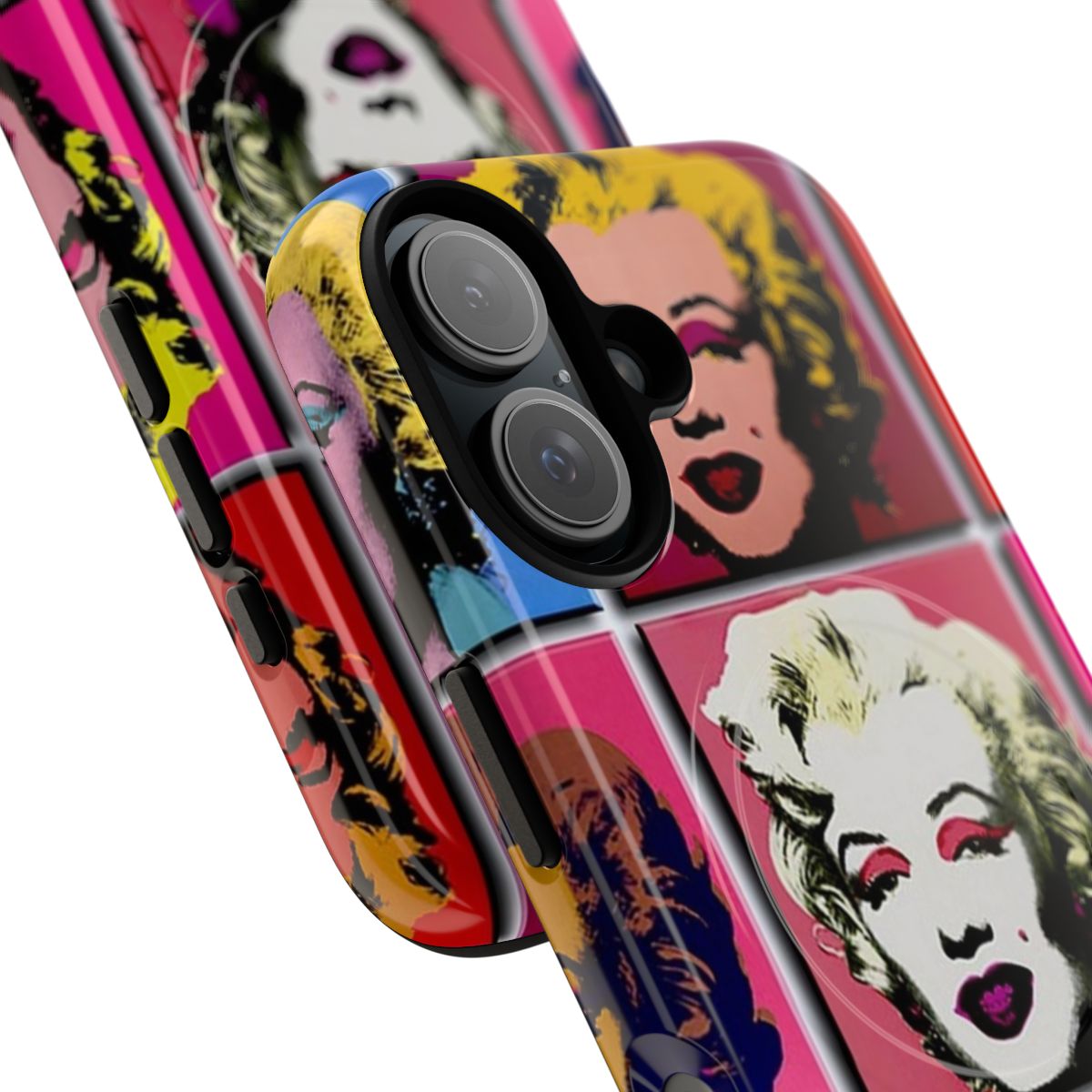 Vibrant abstract art deco design featuring Marilyn Monroe on a protective phone case. - Detail