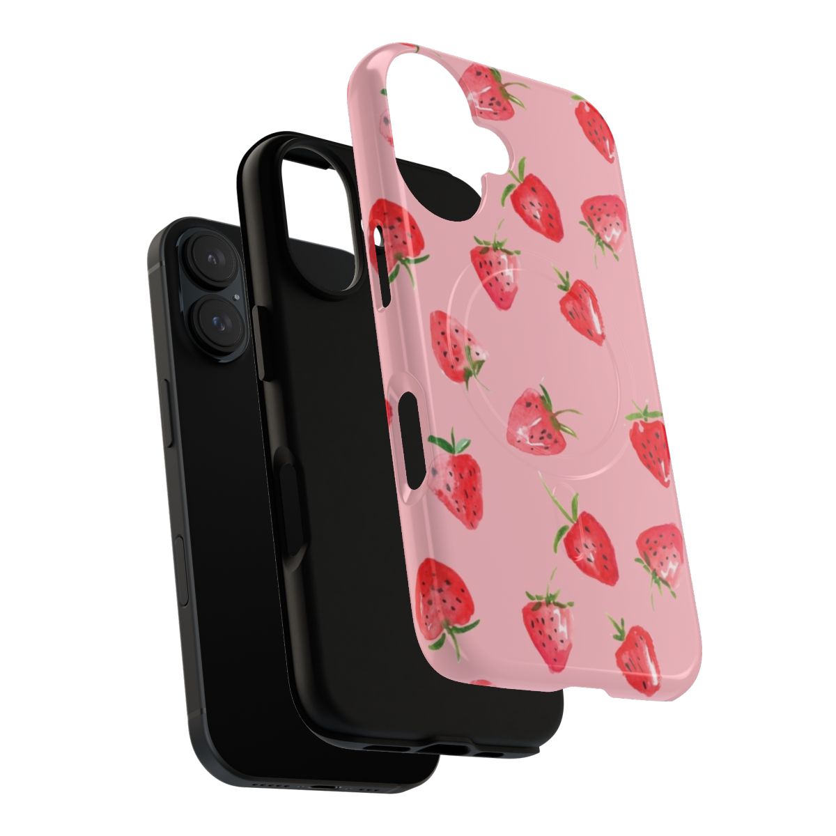 Closeup of a stylish strawberry-patterned magnetic phone case - Layers