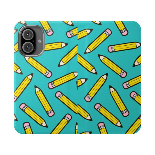 A vibrant, hand-drawn blue pattern phone case with a flip cover design.