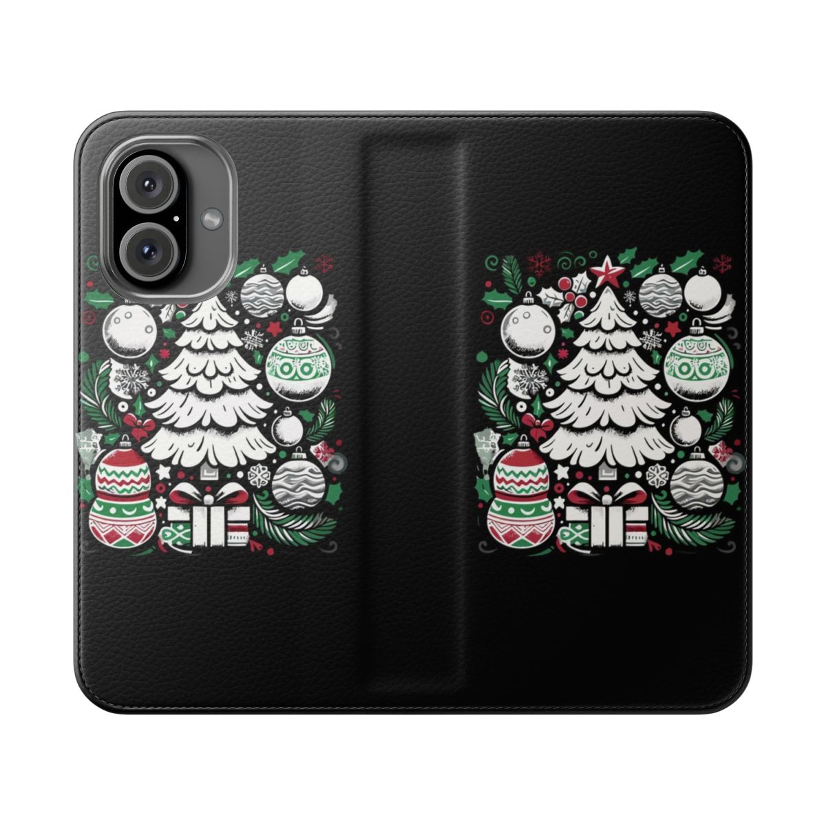 Festive art Christmas tree phone case with holiday ornament balls