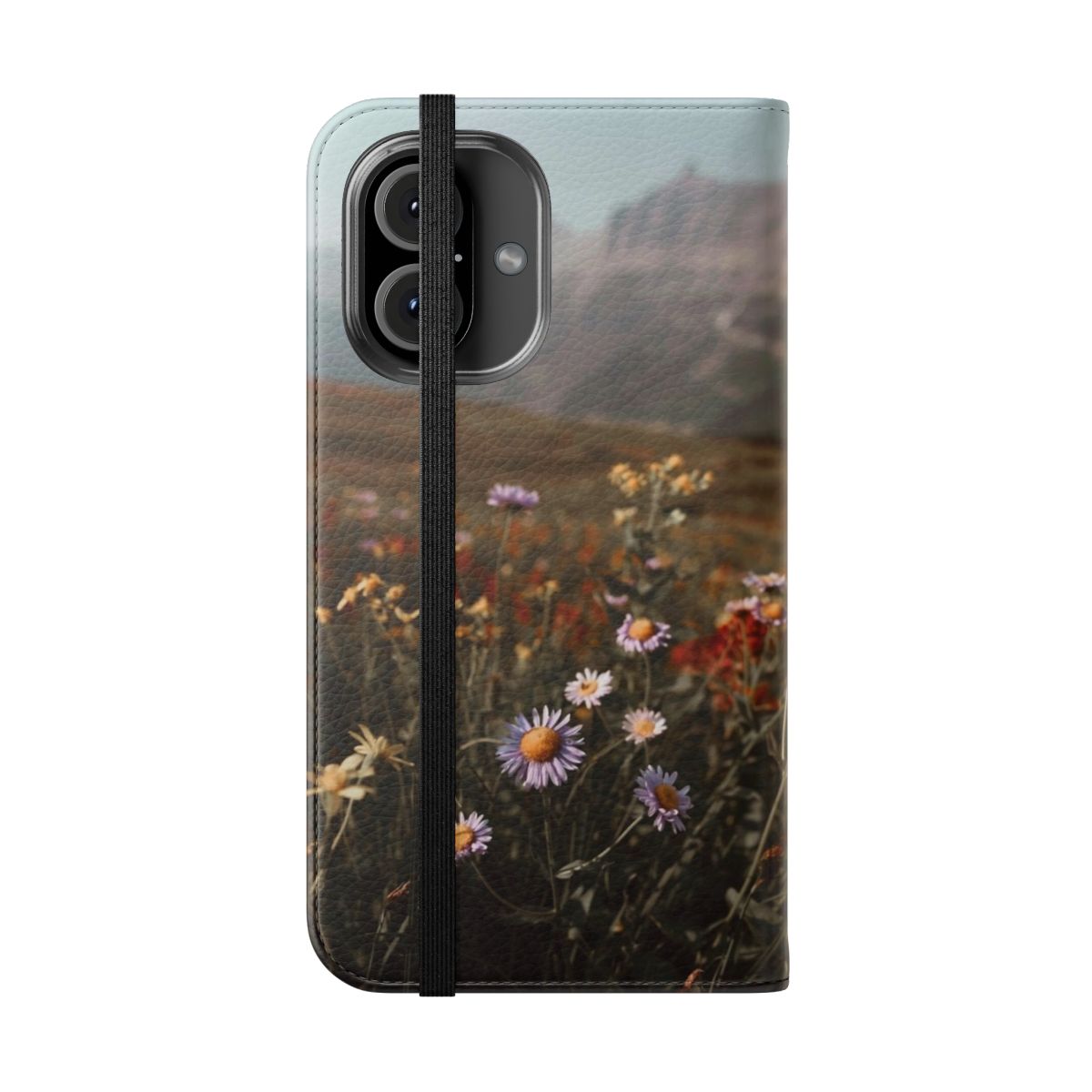 A phone case featuring a scenic landscape with mountains, wildflowers, and a golden hour sky. - Folded Front