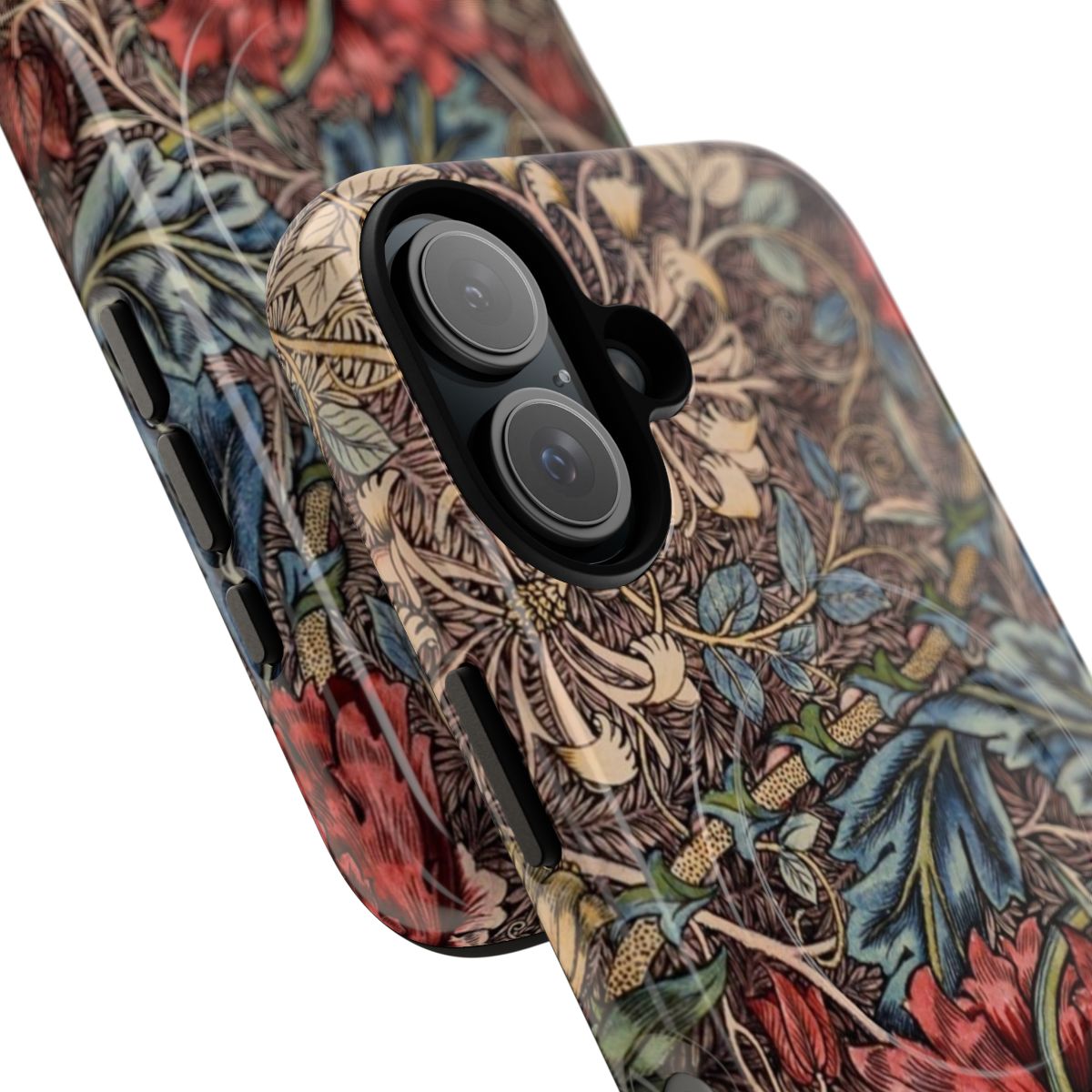 Vintage-inspired phone case featuring the iconic William Morris Honeysuckle floral pattern and botanical illustrations. - Detail