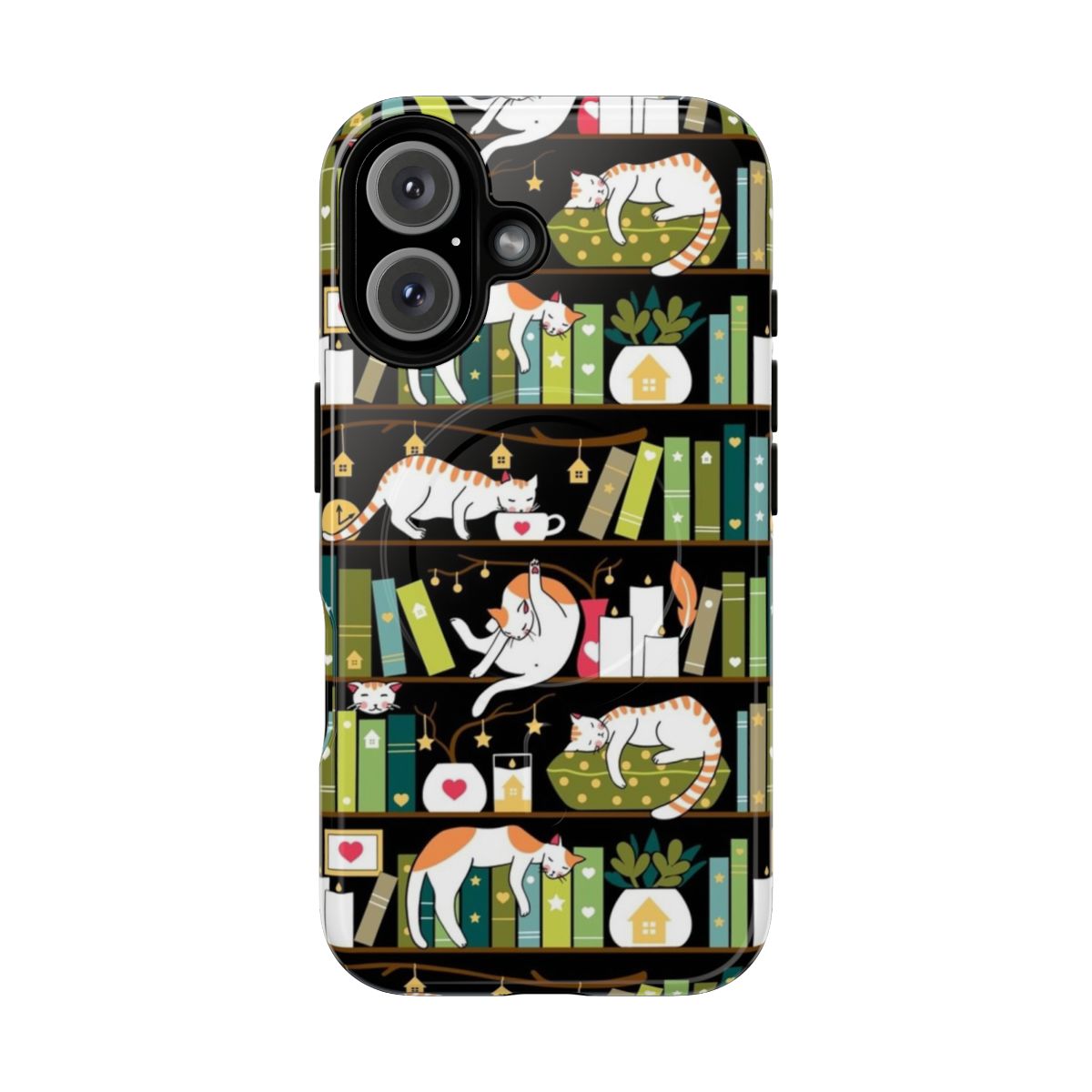 Whimsical cat illustration on a magnetic, tough phone case with bookshelf design