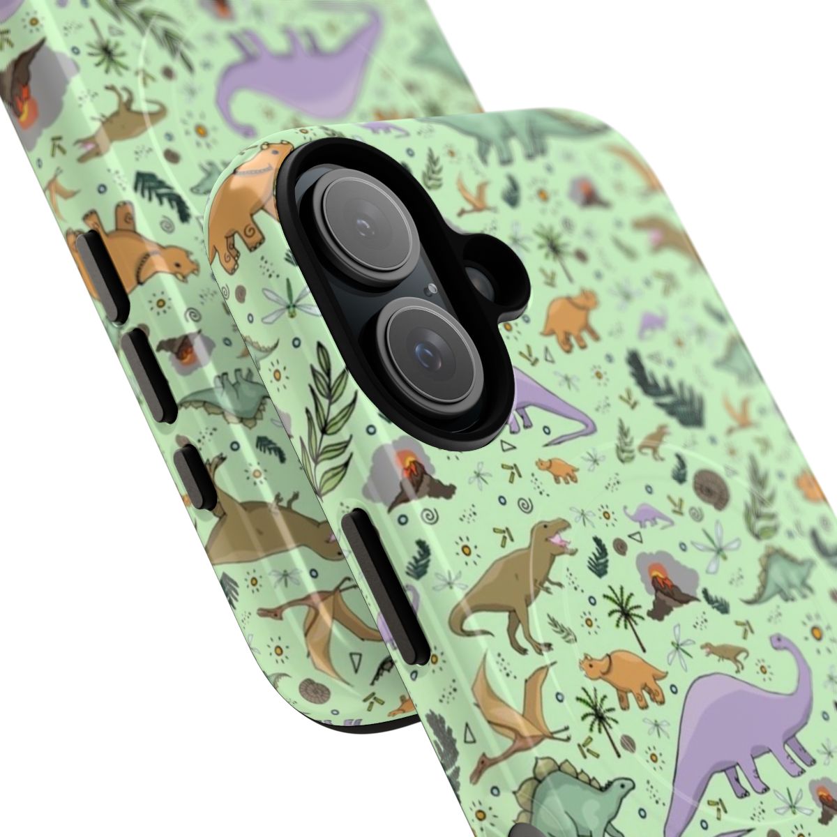 A green magnetic phone case featuring a colorful dinosaur pattern with various species like T-Rex, Triceratops, and Stegosaurus. - Detail