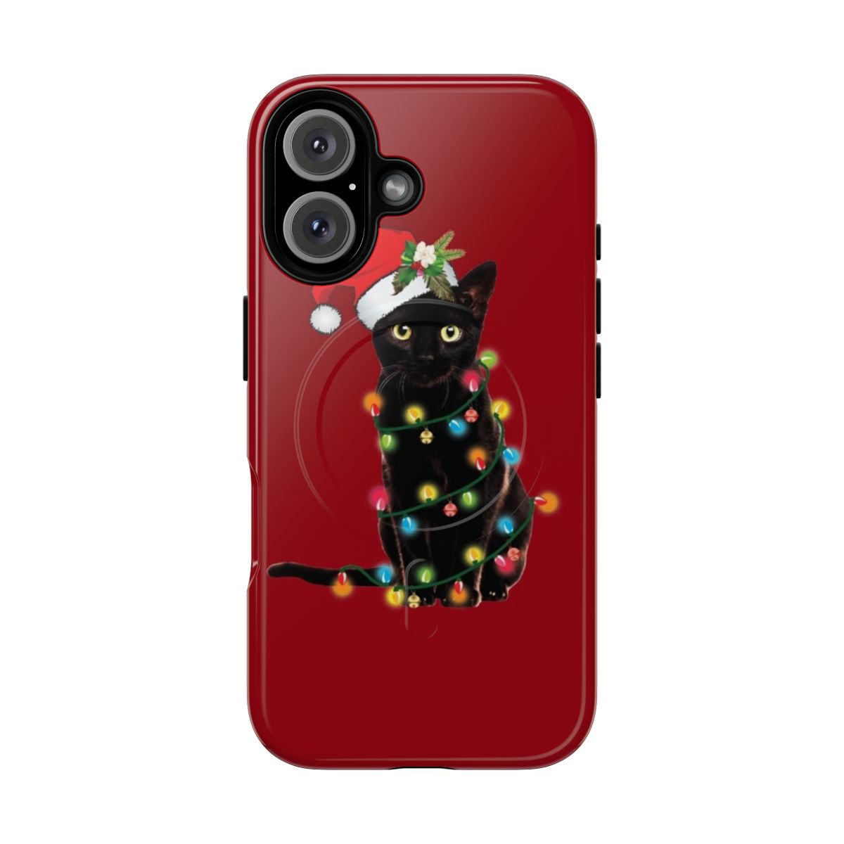 A black cat tangled up in Christmas tree lights on a magnetic, tough phone case.