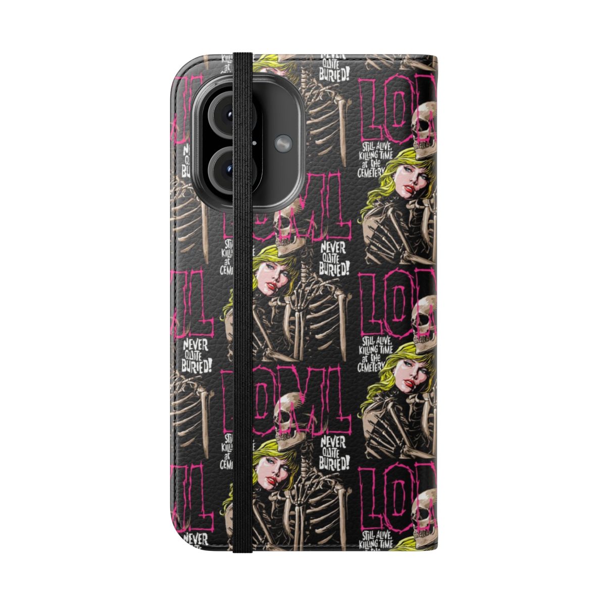 Vintage horror-themed flip cover phone case with skull and skeleton design - Folded Front