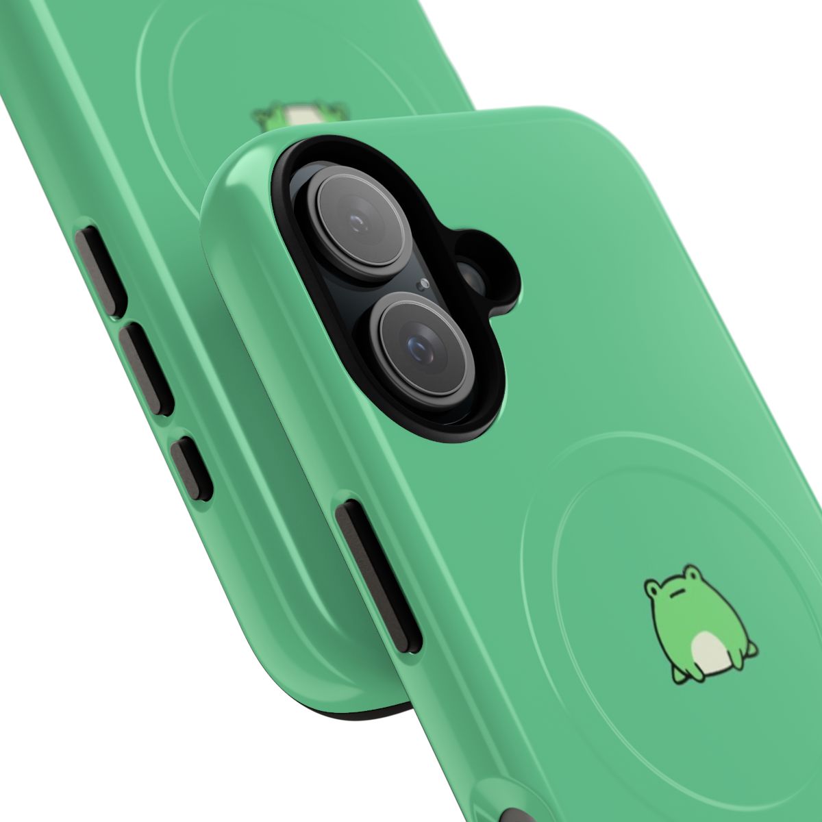 Hand-drawn illustration of a small, green frog on a magnetic phone case - Detail