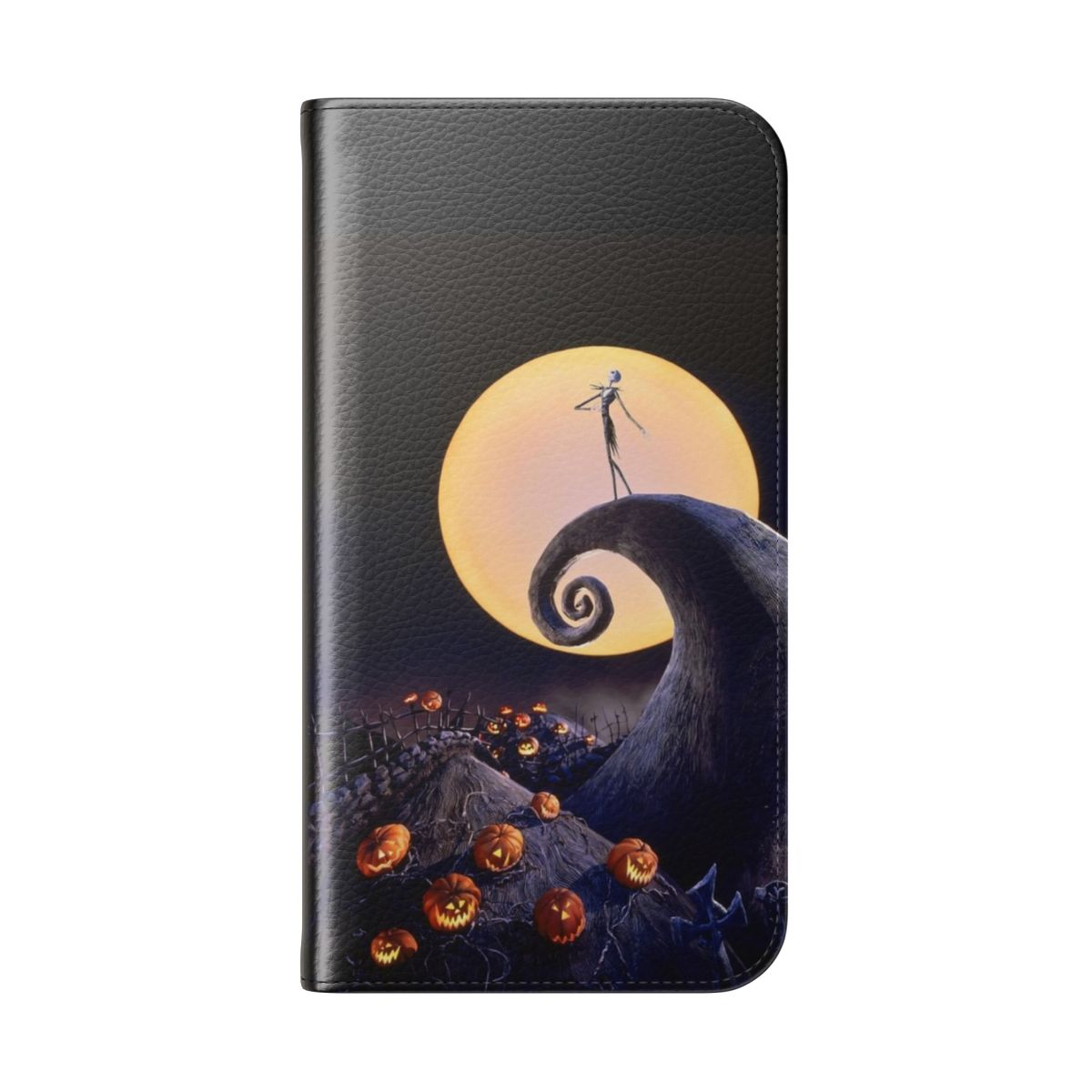 A flip cover phone case featuring the iconic characters and imagery from the beloved film The Nightmare Before Christmas. - Folded Back