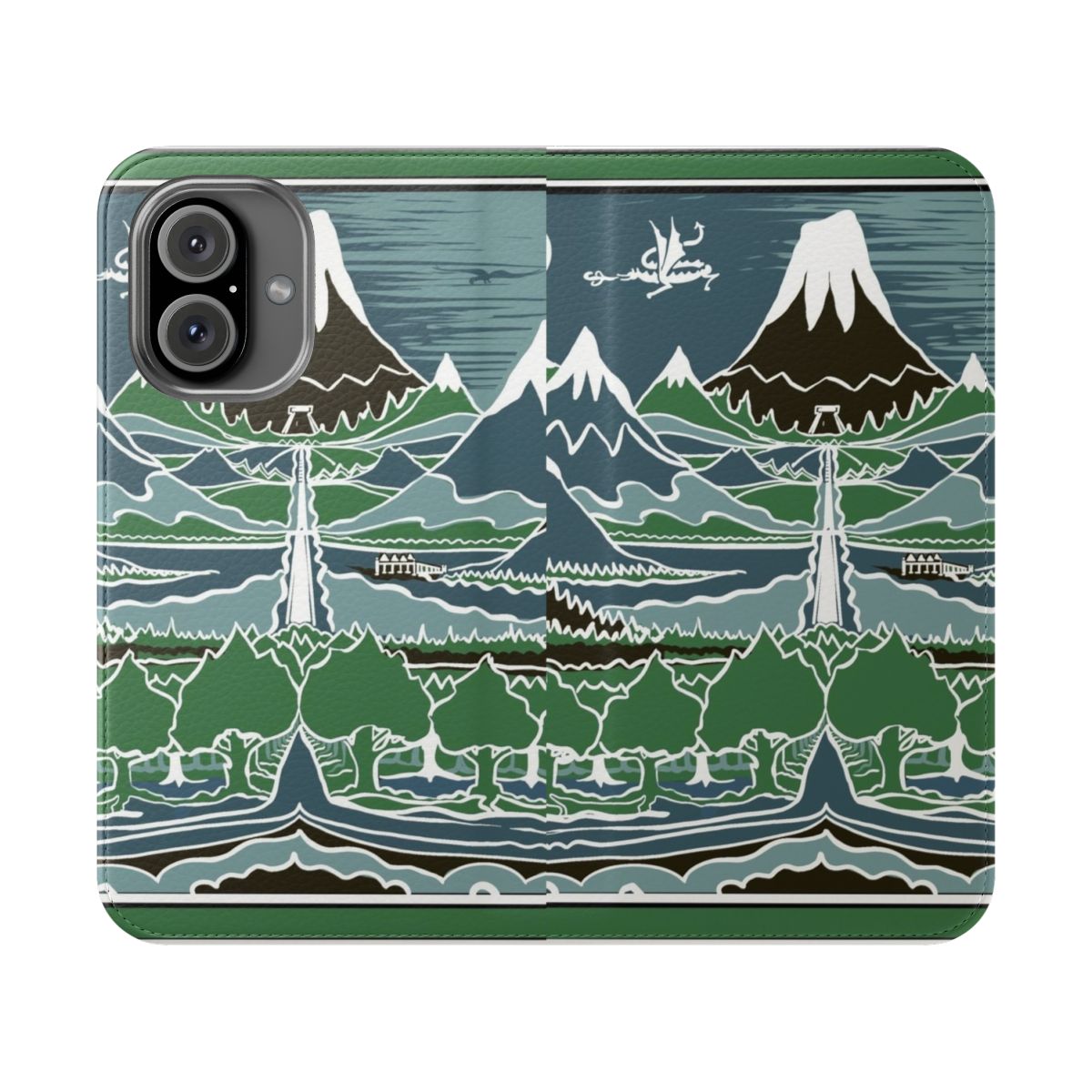 A flip cover phone case featuring a forest mountain path in the style of J.R.R. Tolkien's Middle-earth fantasy world.