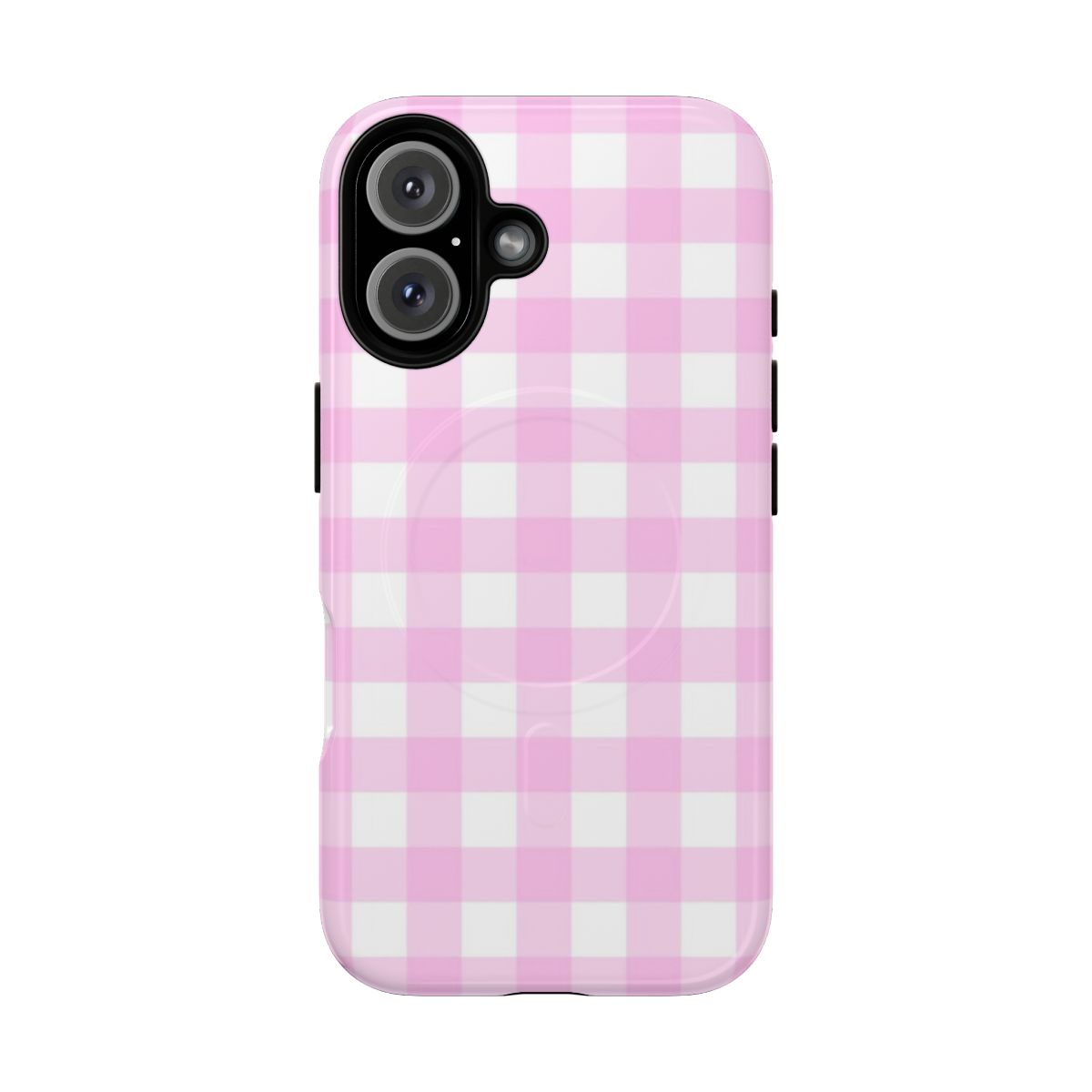 A stylish pink gingham patterned magnetic phone case with a classic preppy design.