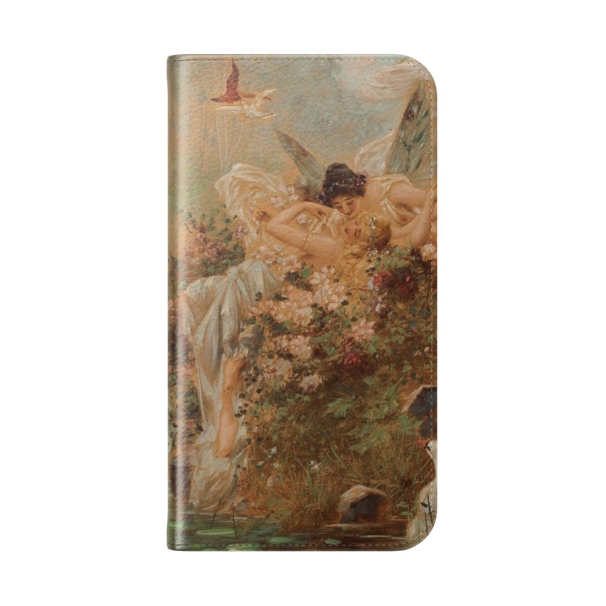 Flip phone cover featuring a romantic renaissance-style painting with fairycore and cottagecore elements. - Folded Back