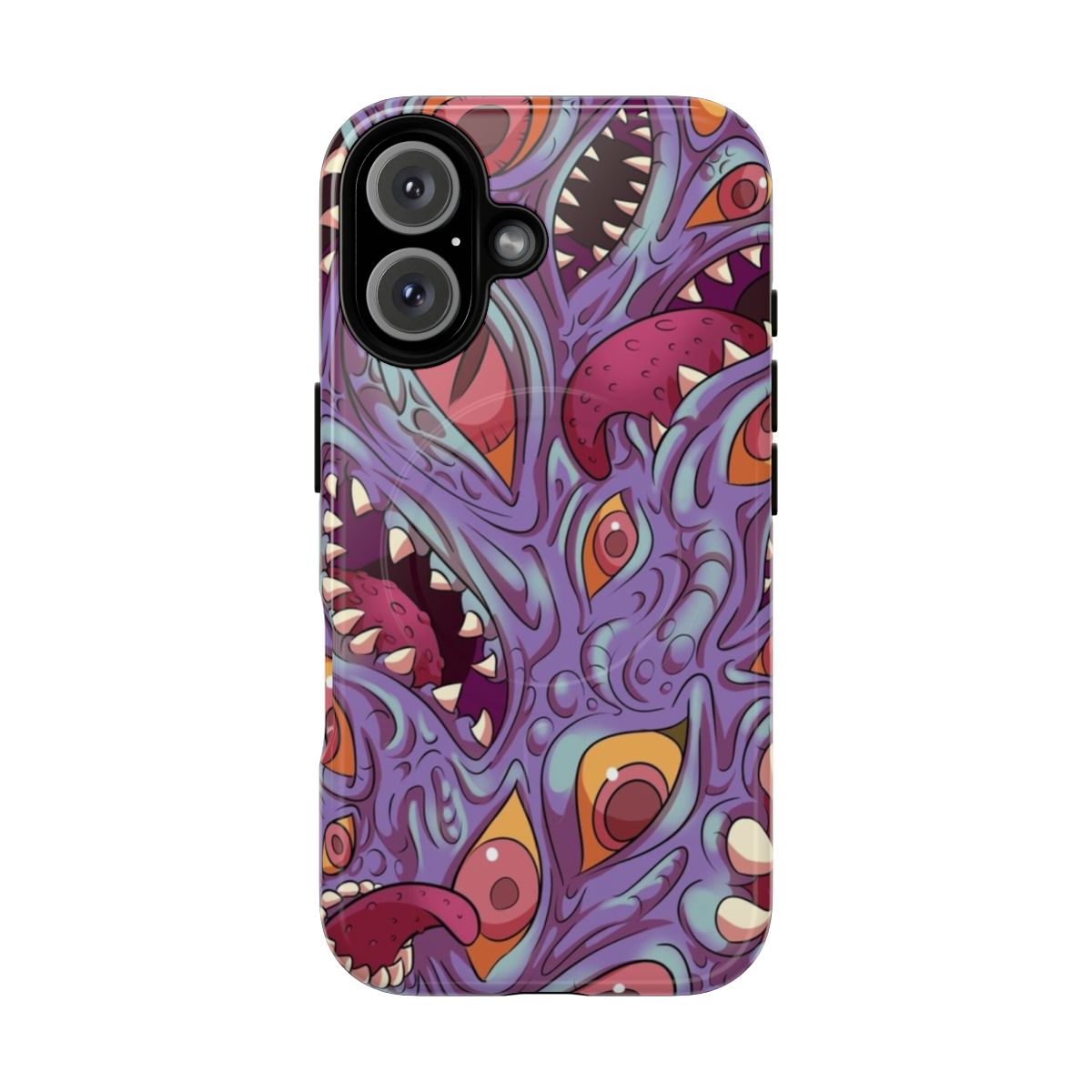 Magnetic phone case with a Lovecraftian-inspired design featuring a mysterious creature with eyes, mouth, and fangs on a textured, purple background.