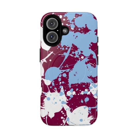 Colorful phone case with a spatter and splatter pattern inspired by Aston Villa football club