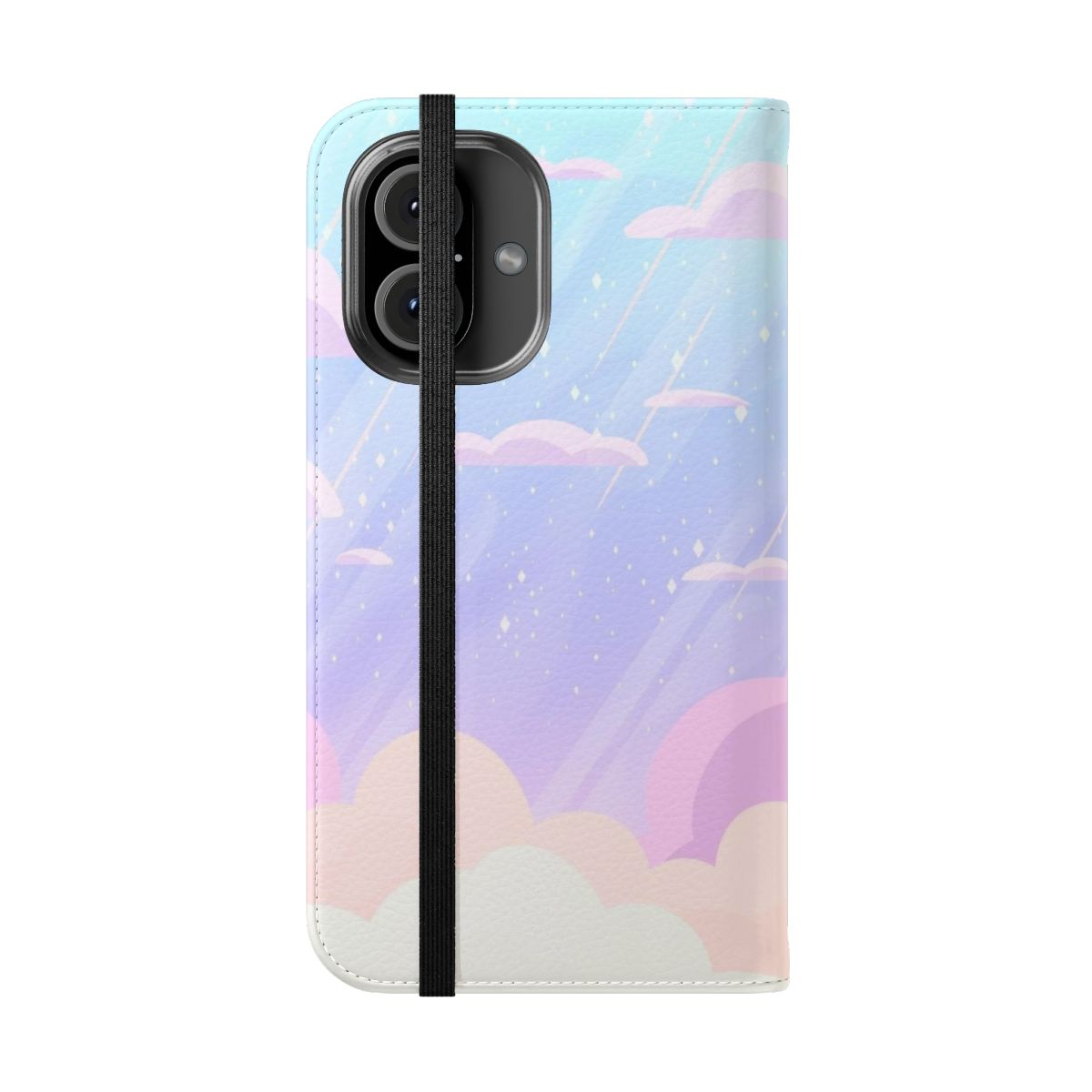 Pastel-colored phone case with a design featuring clouds, stars, and shooting stars in a dreamy, aesthetic style. - Folded Front