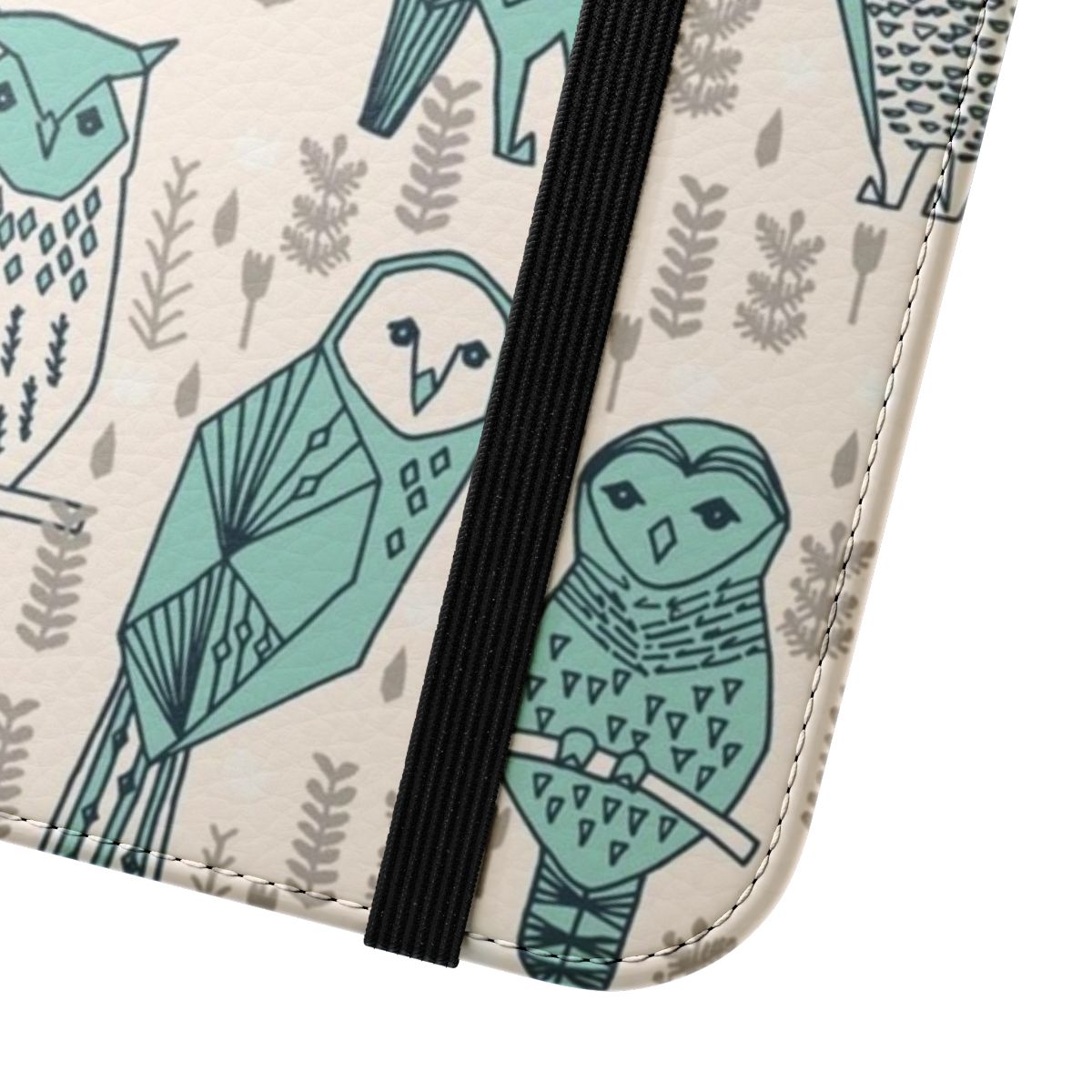 Pale turquoise flip cover phone case featuring an Andrea Lauren design of owls in a nature-inspired pattern - Close Up