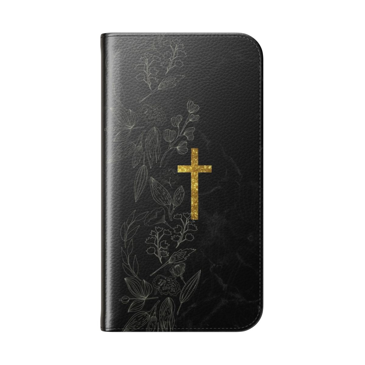 Marble and gold flip phone case with a christian cross symbol design - Folded Back