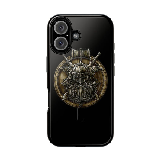 Durable phone case with a Viking shield graphic and magnetic closure