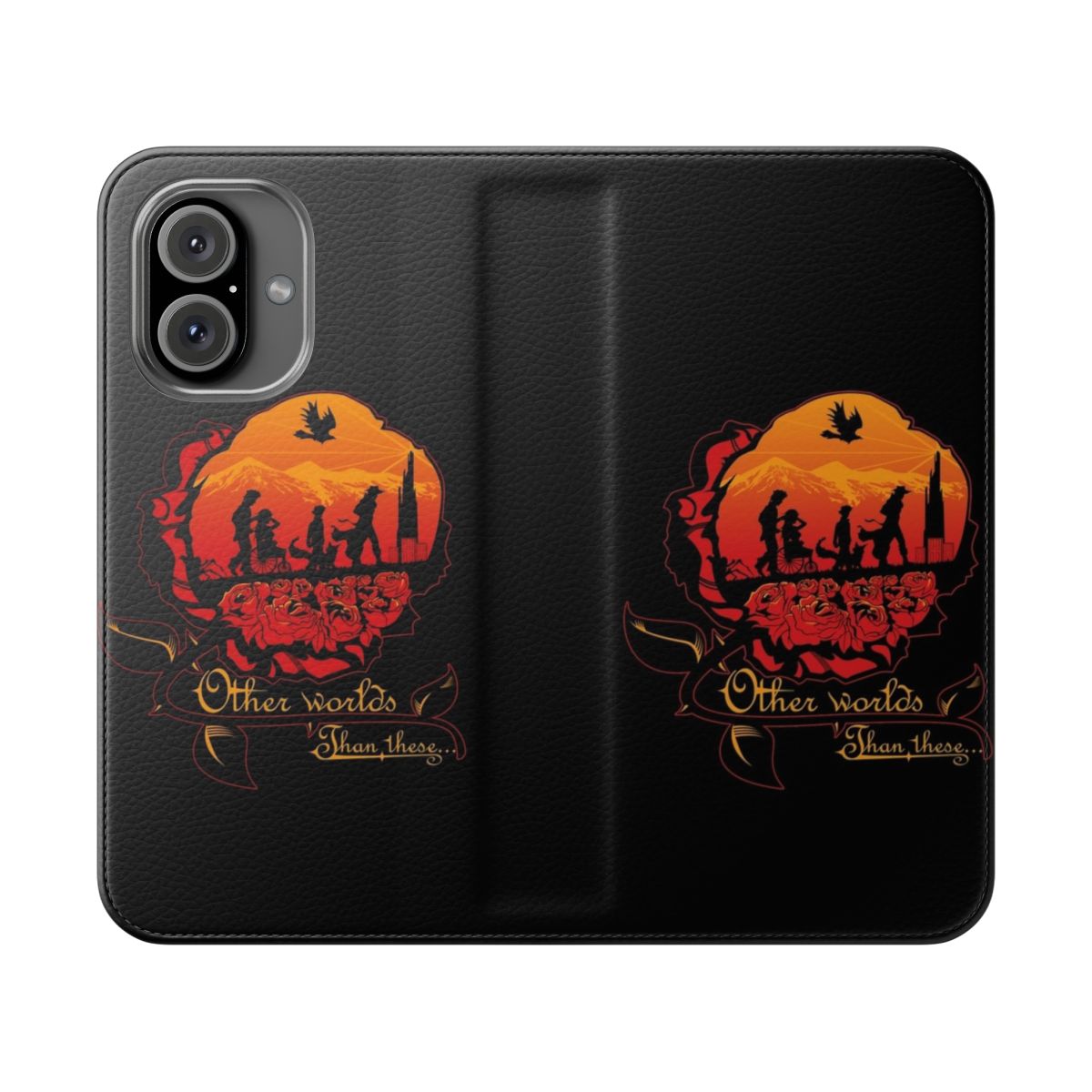 Multiverse-Inspired Dark Tower Flip Cover Phone Case featuring characters and elements from the Stephen King fantasy series