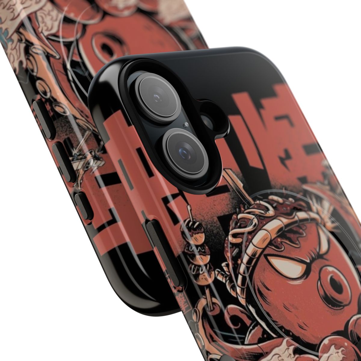 Vintage-style phone case featuring an illustration of takoyaki, a popular Japanese street food, with a kraken and waves in a retro manga style. - Detail