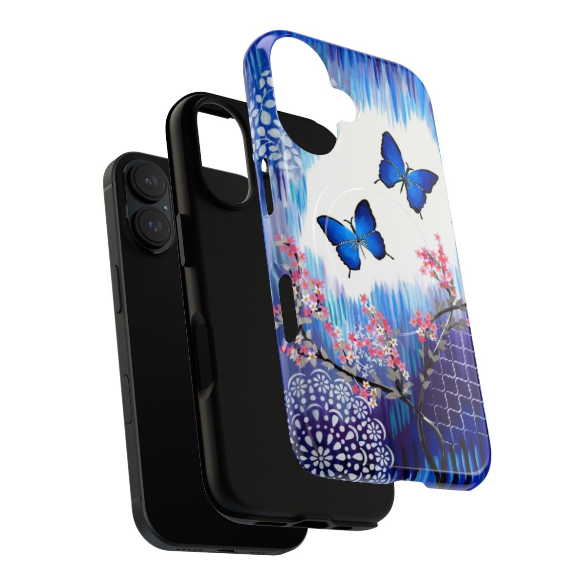 Blue butterfly design on a durable, magnetic phone case - Layers