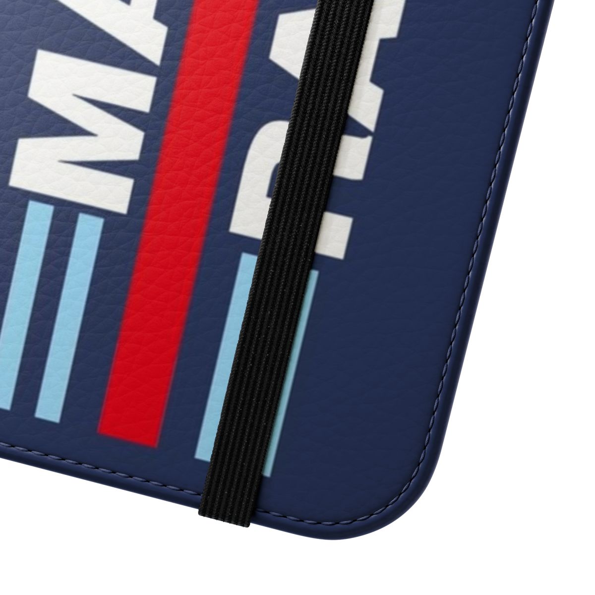 Vintage racing-inspired flip phone case with Martini Racing-style design - Close Up