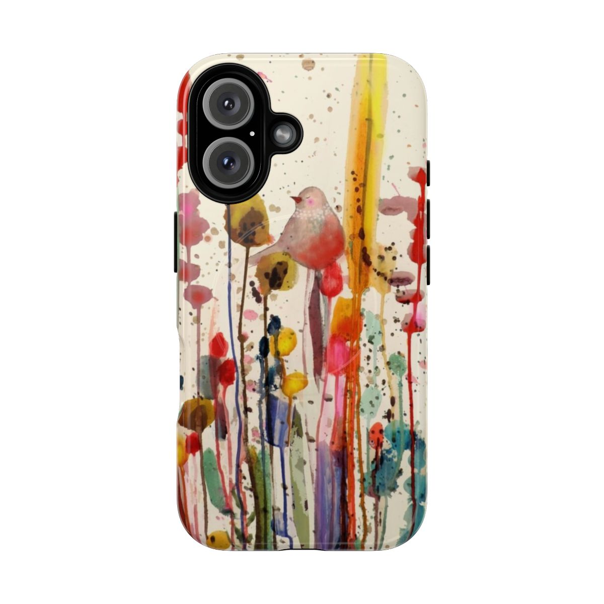 A vibrant and nature-inspired magnetic tough phone case featuring birds, flowers, and a peaceful field.