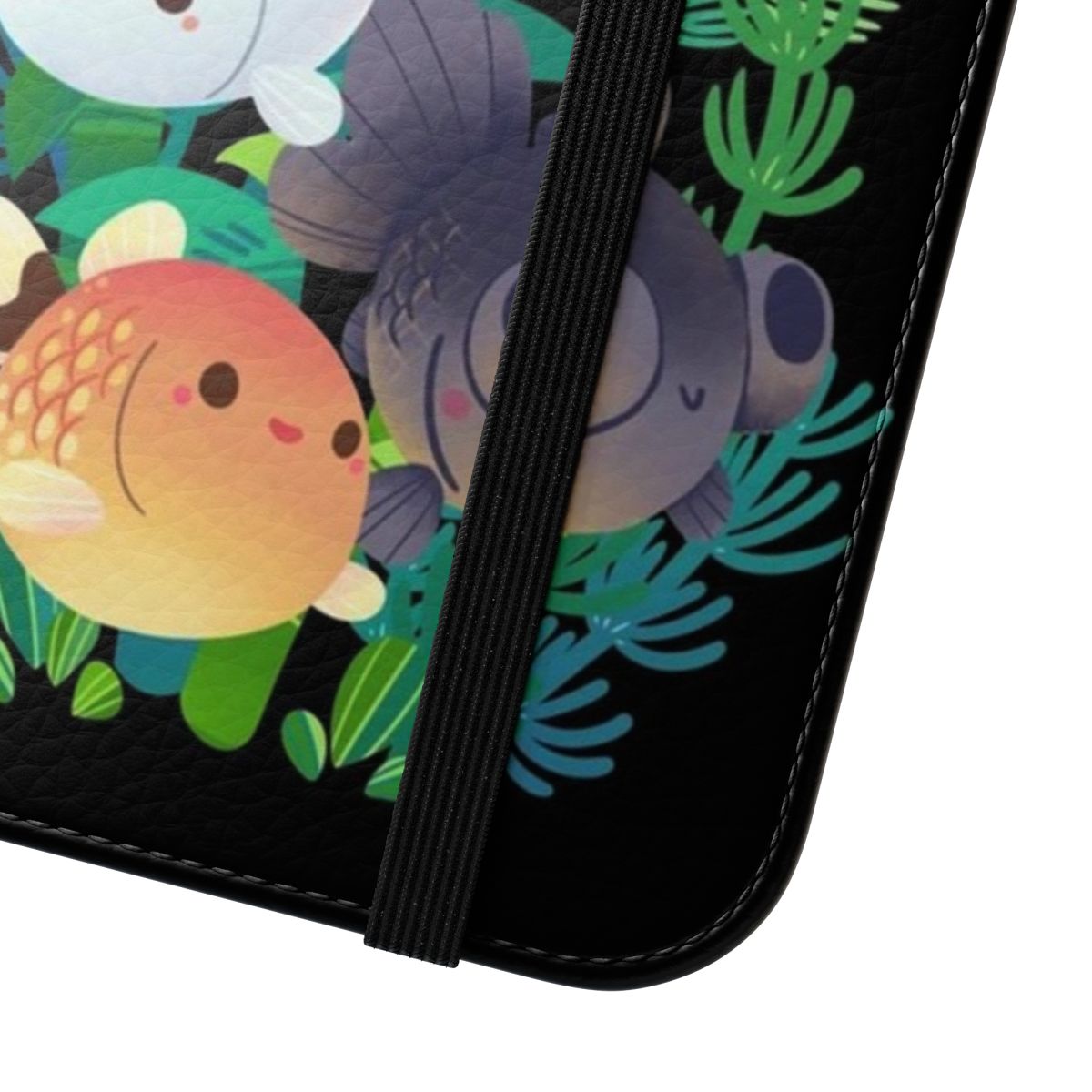 A vibrant phone case featuring a group of colorful goldfish swimming in an aquarium. - Close Up