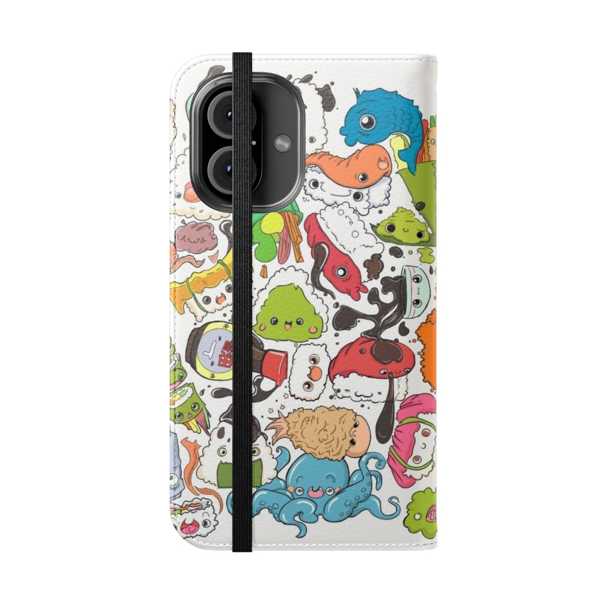 Colorful and detailed illustration of sushi, fish, and other Japanese food elements on a phone case - Folded Front