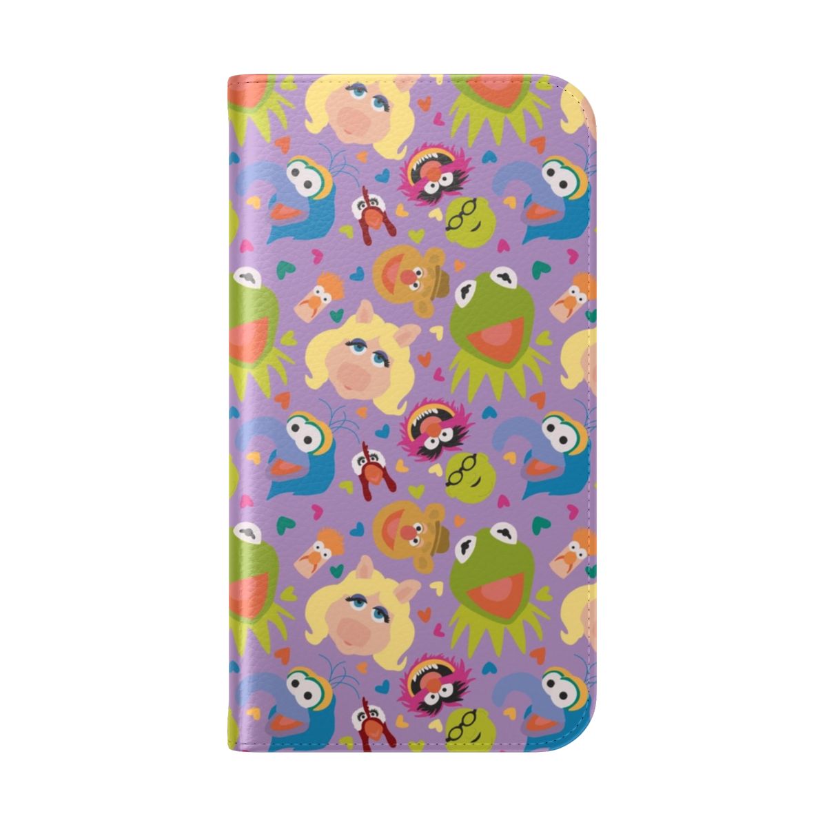 Flip phone case with a repeating pattern of colorful Muppet characters like Kermit, Miss Piggy, and Gonzo. - Folded Back