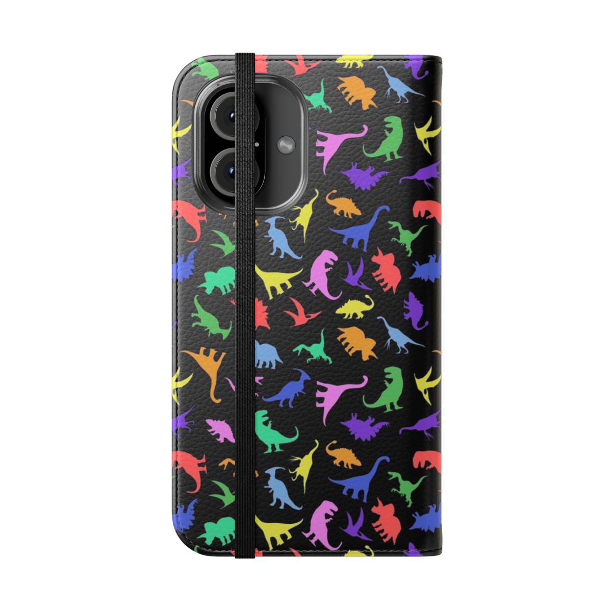 A stylish flip phone case featuring a fun dinosaur pattern on a black background. - Folded Front