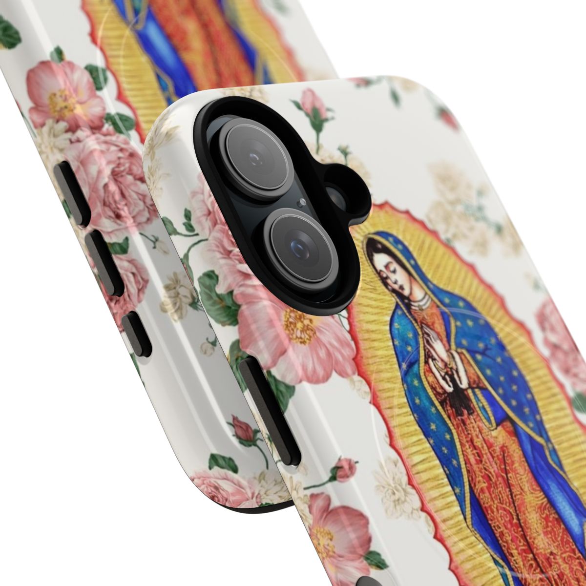 Artistic phone case featuring the Virgin of Guadalupe, a beloved Catholic icon from Mexico. - Detail