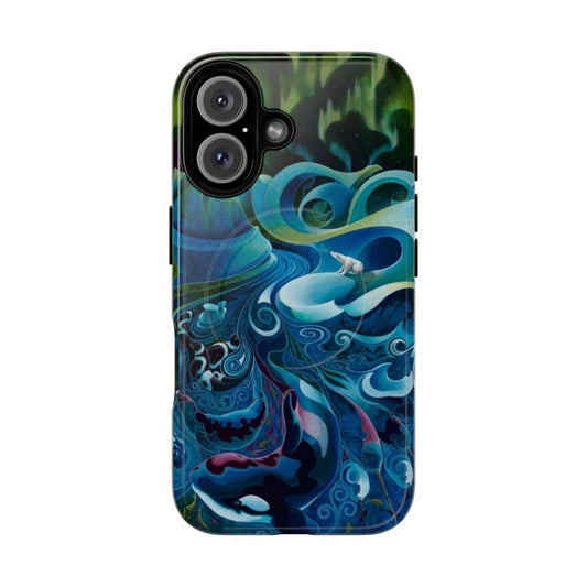 Acrylic artwork featuring Arctic animals and the Northern Lights on a magnetic phone case.