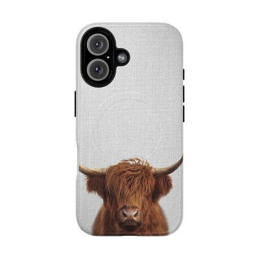 Colorful artistic illustration of a highland cow on a magnetic protective phone case