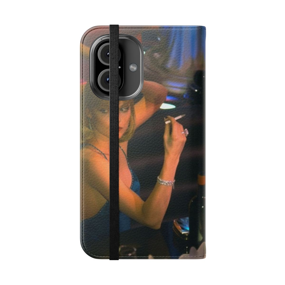 Flip cover phone case featuring the character Elvira Hancock from the 1983 film Scarface - Folded Front