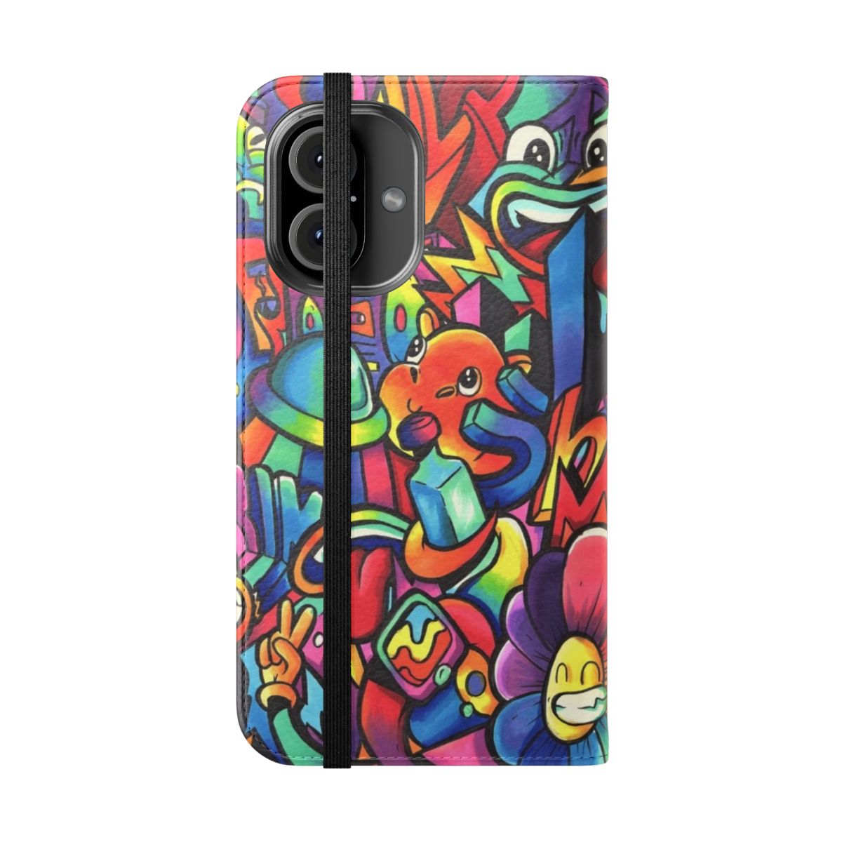 Vibrant galactic-themed doodle design on a flip cover phone case - Folded Front