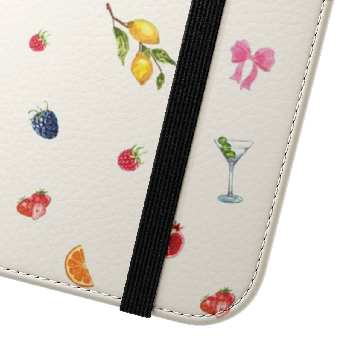 Coquette fruit phone case with a colorful pattern of cherries, cocktails, and bows - Close Up