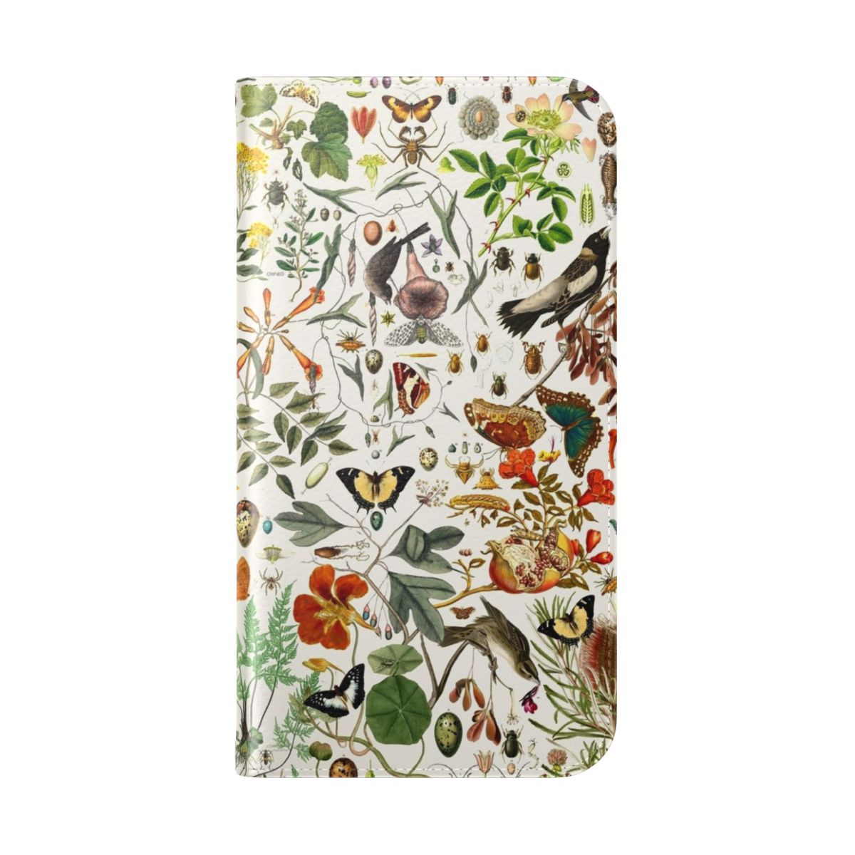 Nature-inspired flip cover phone case with detailed illustrations of butterflies, birds, and plants - Folded Back