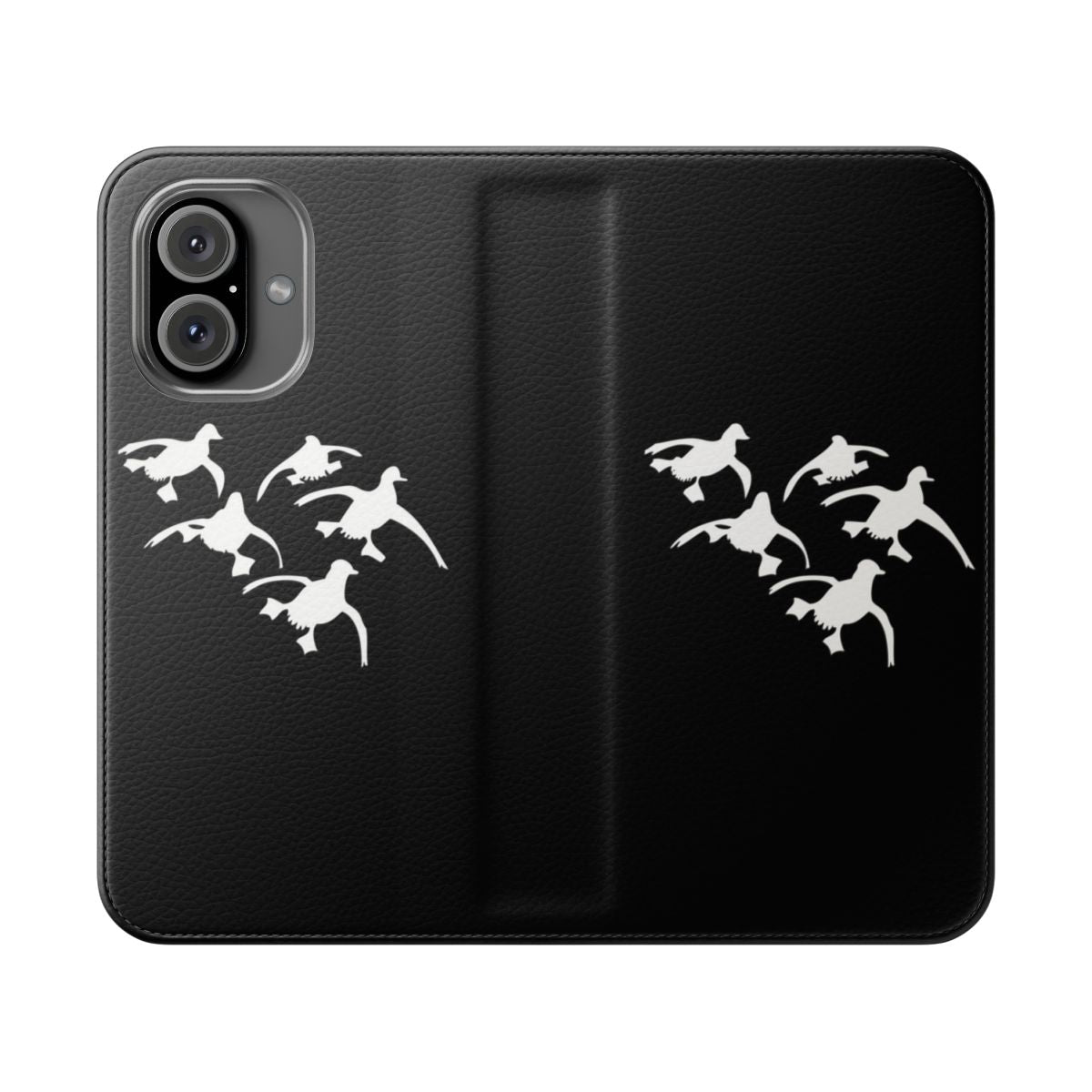 Monochrome silhouette image of flying ducks landing during a hunt, on a phone case.