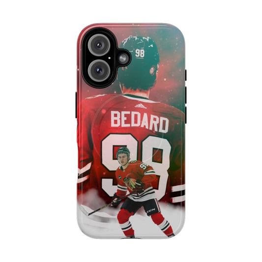 Magnetic phone case featuring a graphic design inspired by hockey player Connor Bedard