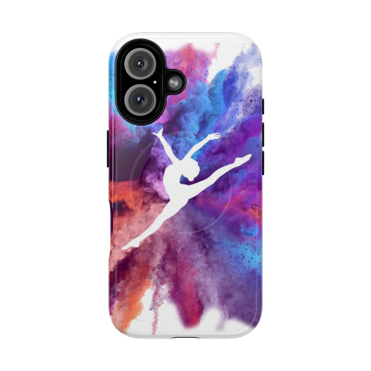 Colorful phone case featuring a gymnast in a pink leotard performing a rainbow explosion design