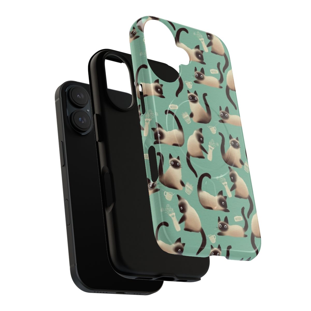 Vibrant turquoise and white Siamese cat pattern on a tough, magnetic phone case. - Layers