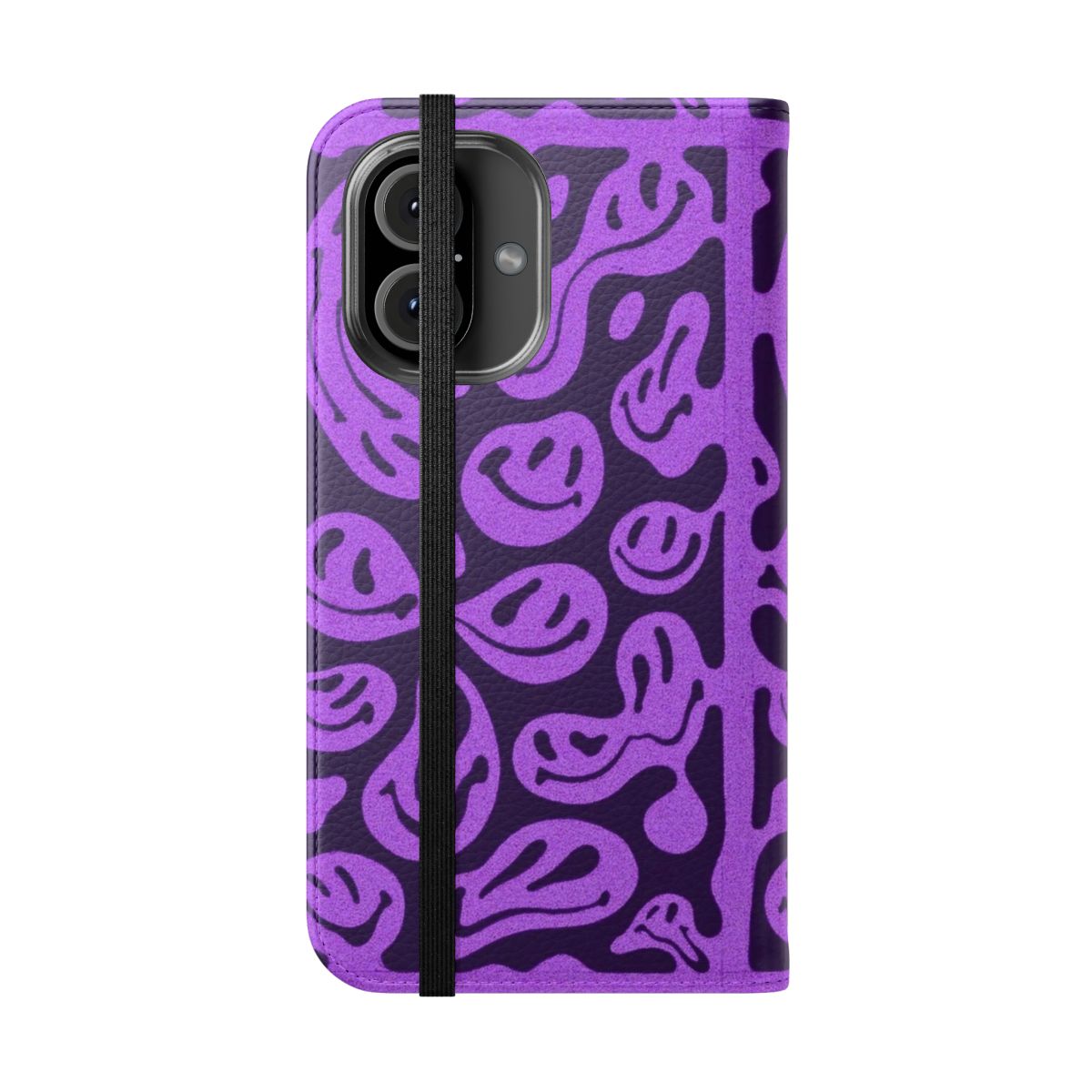 A vibrant, psychedelic-inspired phone case featuring a purple melted smiley face pattern design. - Folded Front