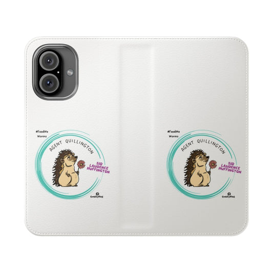 Hedgehog character on a flip phone case with floral and nature elements