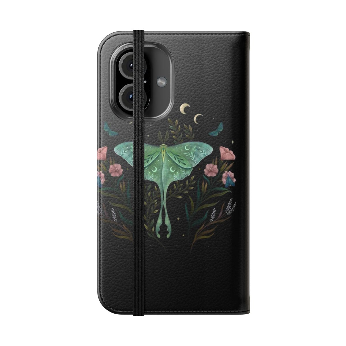 Flip cover phone case with a design featuring a luna moth, moon, and night garden elements - Folded Front