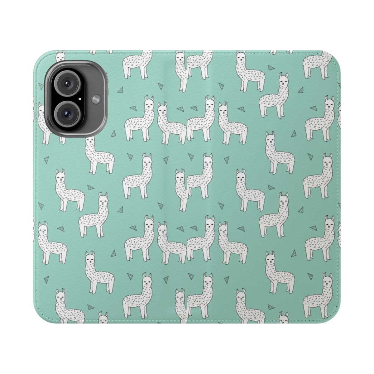 Mint-colored phone case with a cute alpaca pattern design by Andrea Lauren