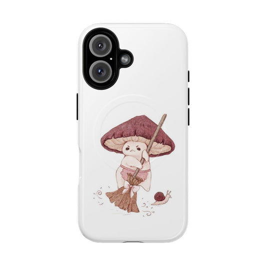 Artistic phone case featuring an angry mushroom character and snail companion